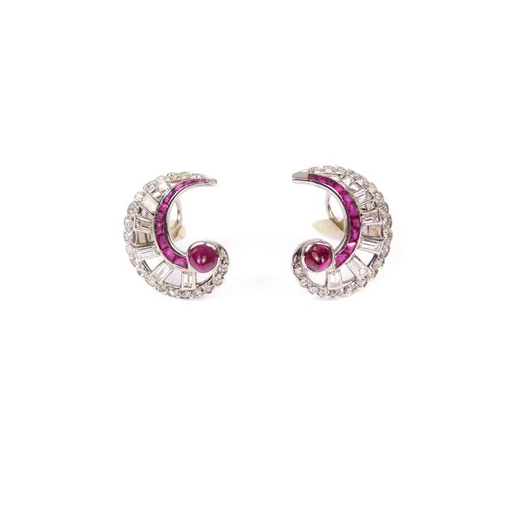 Pair of Art Deco ruby and diamond C scroll cluster earrings
